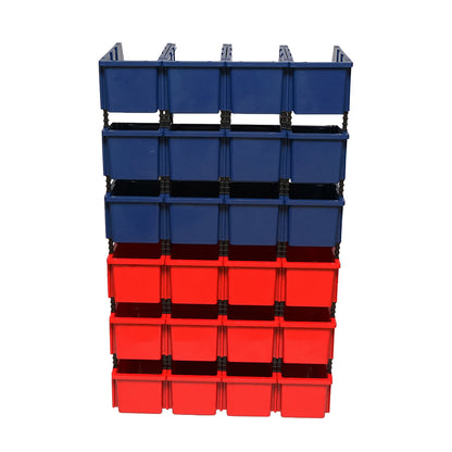 Stand with 24 boxes for storage/organization, red plastic box, blue, 700x400x1150mm