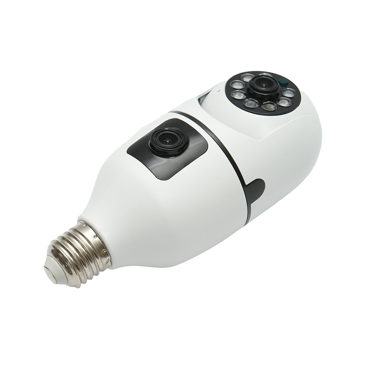 2-lens surveillance camera smart-bulb PTZ, WIFI 2.4G 1080P FHD 2MP, E27 type bulb with motion sensor, night vision and V380 Pro application.