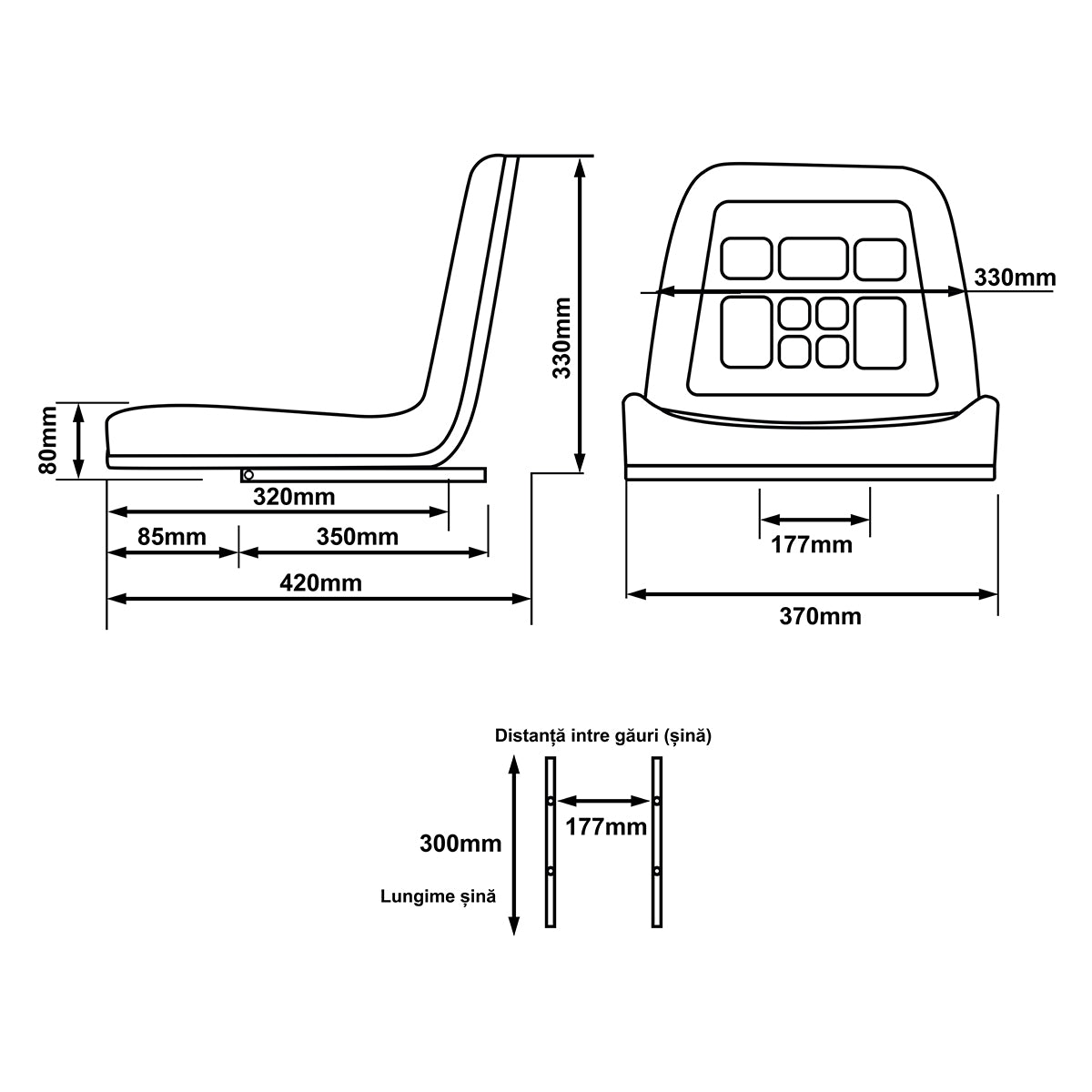 Universal chair for forklift and tractor with front-back adjustment rail