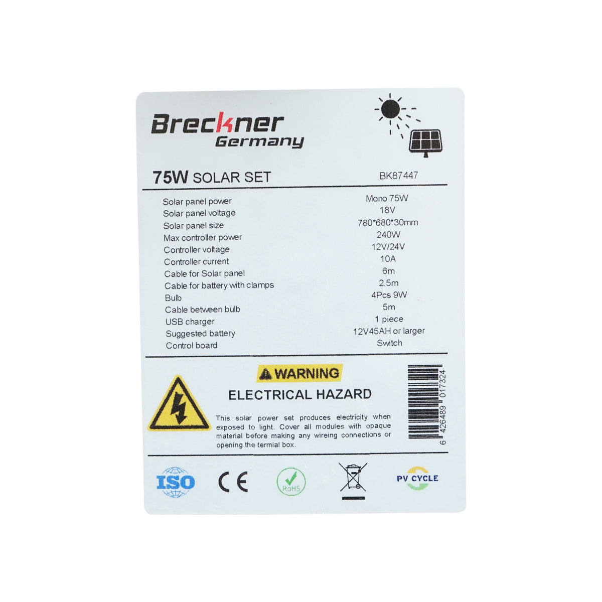 75W photovoltaic monocrystalline solar panel set 790x690x75mm 12-24V 4 LED bulbs 9W Breckner Germany