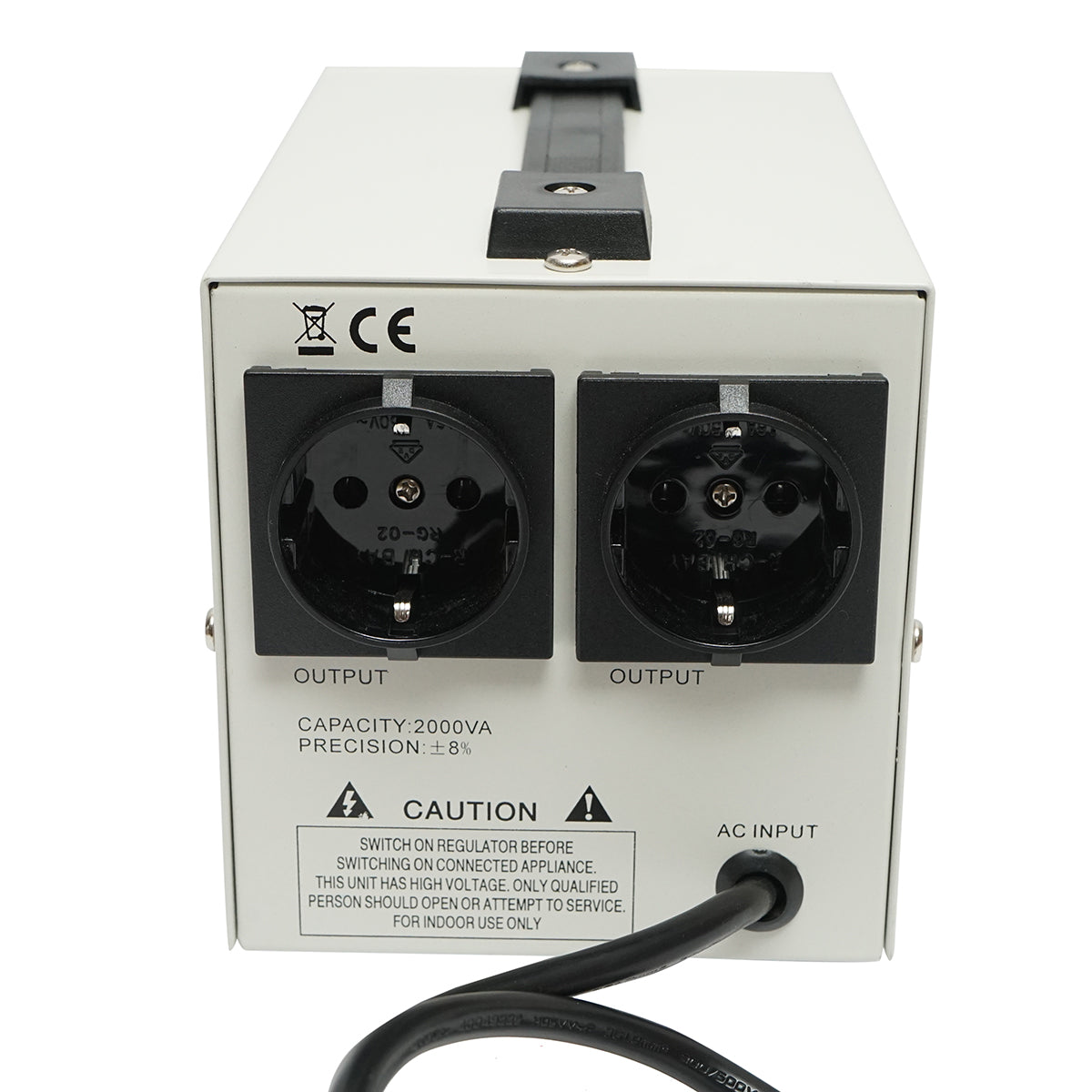 Single-phase automatic voltage stabilizer with relay 2000VA/140-260V, 2 Schuko sockets 230V, LCD display Breckner Germany