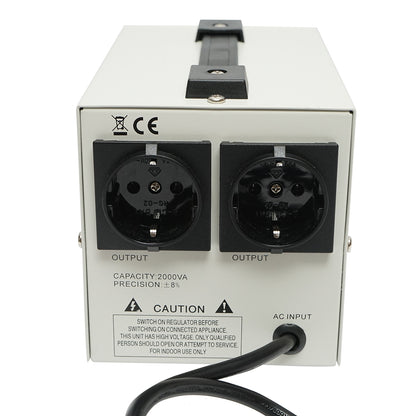 Single-phase automatic voltage stabilizer with relay 2000VA/140-260V, 2 Schuko sockets 230V, LCD display Breckner Germany