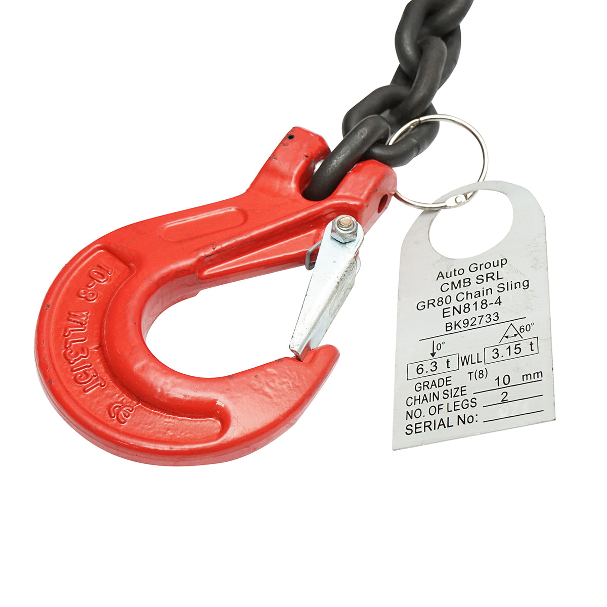 Anchor chain for heavy equipment with ratchet tensioning device, supported weight 6.3T, chain length 6m, link thickness 10mm.