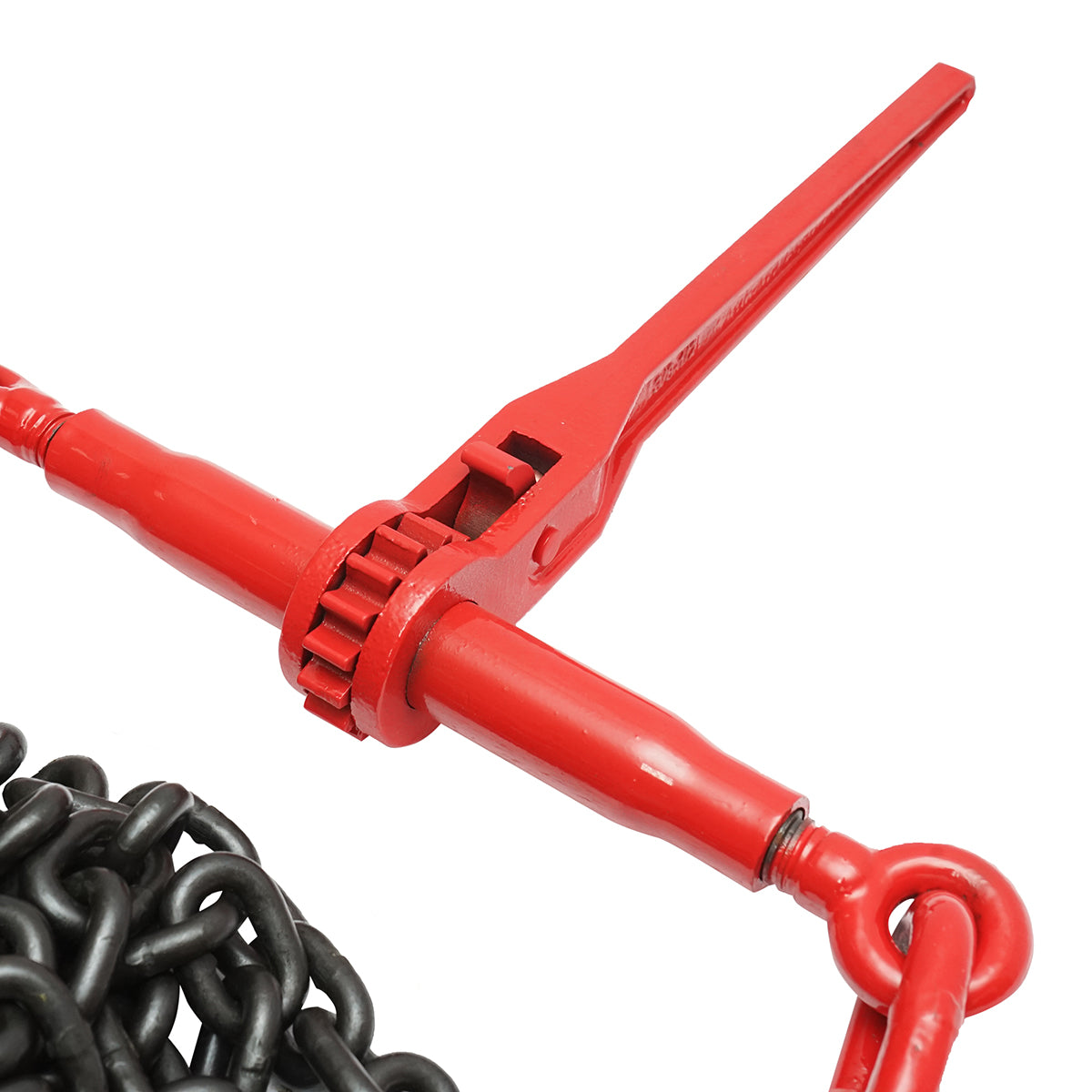 Anchor chain for heavy equipment with ratchet tensioning device, supported weight 6.3T, chain length 4m, link thickness 10mm.
