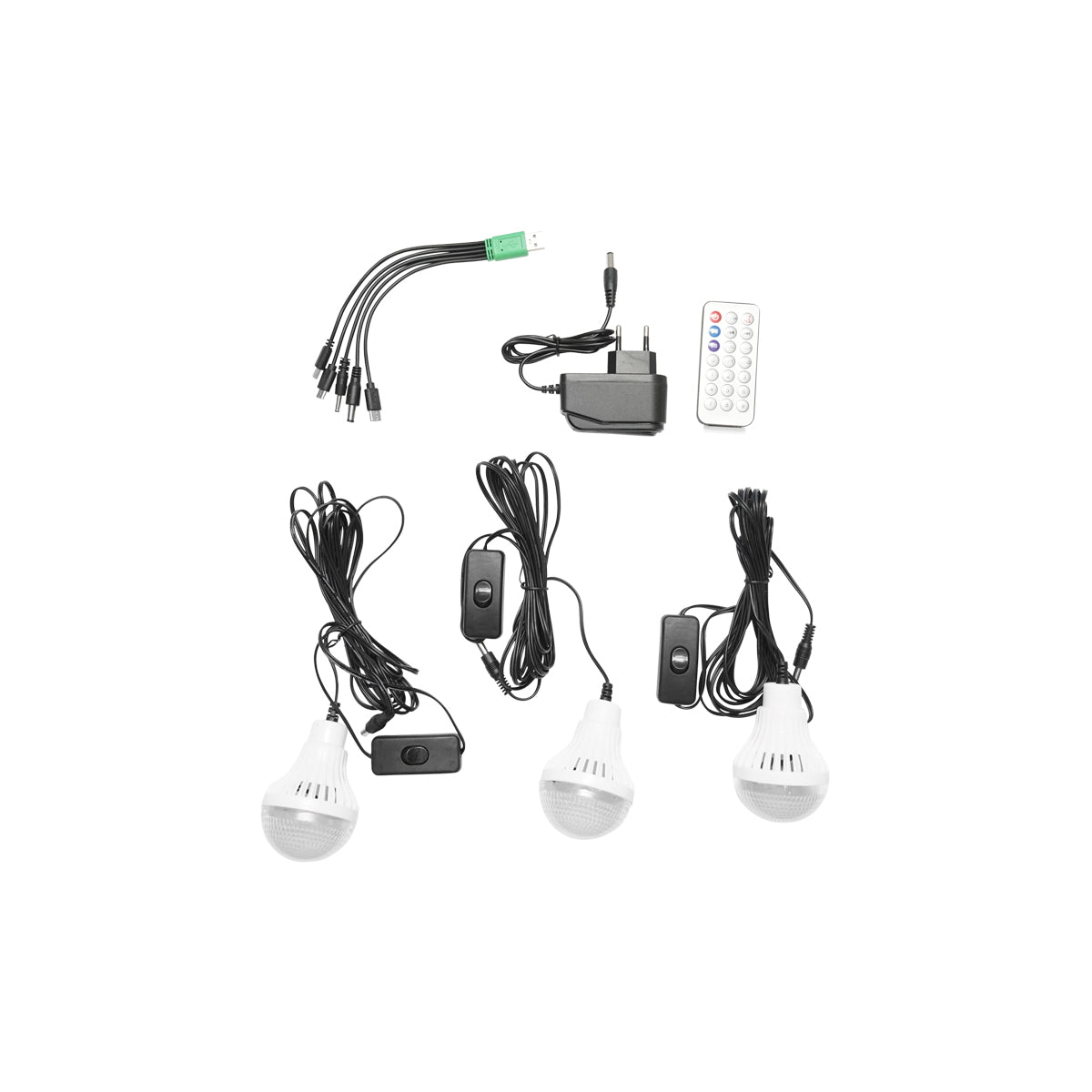 Portable LED lighting kit with 3 bulbs/projector, FM radio, solar panel remote control and 6V, 3 Ah battery for fishing camping GD-8060