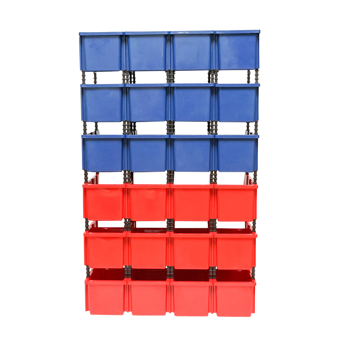 Stand with 24 boxes for storage/organization, red plastic box, blue, 700x400x1150mm