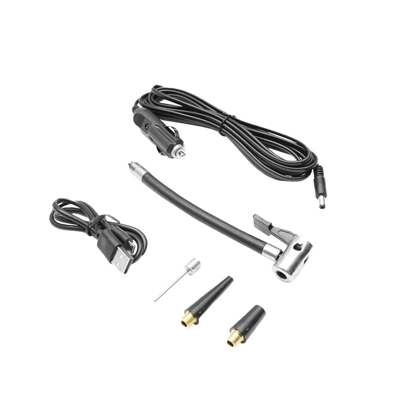 Black portable air compressor 12.4V 6000mAh rechargeable battery 250x56x47mm with accessories