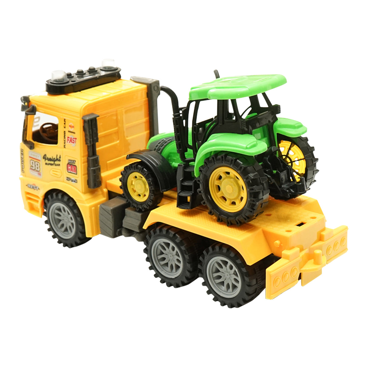 Yellow truck with authentic battery-powered trailer details together with a green toy tractor