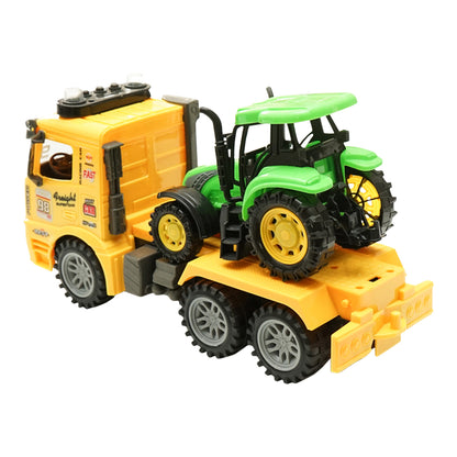 Yellow truck with authentic battery-powered trailer details together with a green toy tractor