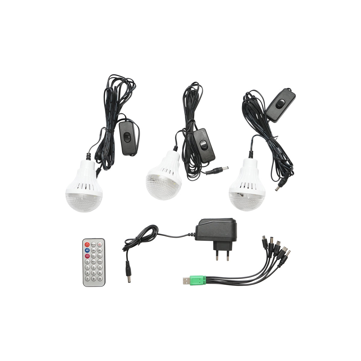 Portable LED lighting kit with 3 bulbs/projector, FM radio, solar panel remote control and 6V, 3 Ah battery for fishing camping GD-8216