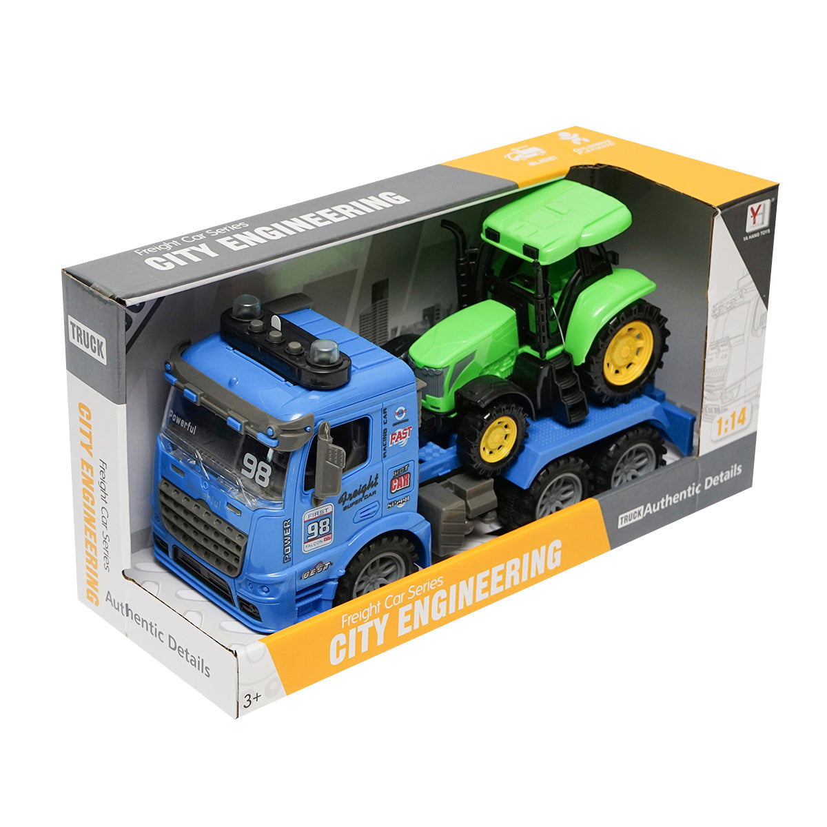 Blue trailer truck with authentic details on batteries together with a green toy tractor