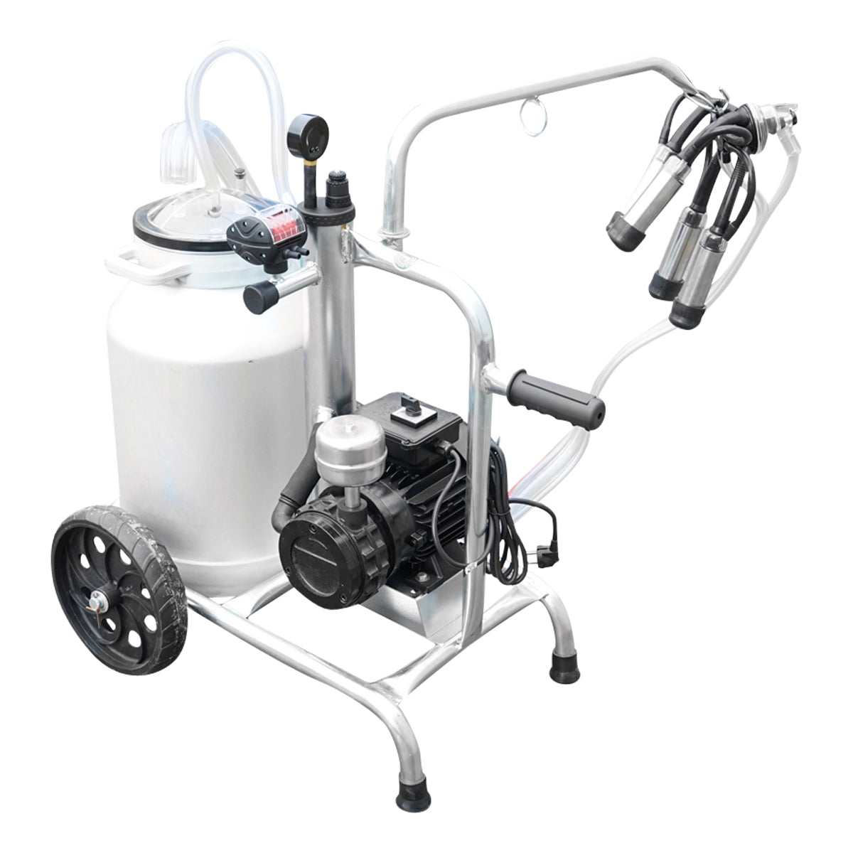 Cow milking machine with a 160cc collector group, galvanized chassis, 30L aluminum tank, 1 post, Breckner Germany stainless steel cup