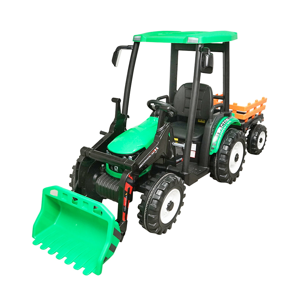 Electric trailer tractor for kids with a 12V/10Ah battery and remote control JS3158B green with a leather seat.
