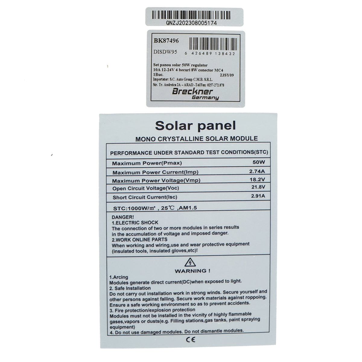 Set 50W photovoltaic monocrystalline solar panel regulator 10A 2xUSB 12/24V 4 LED bulbs 9W Breckner Germany