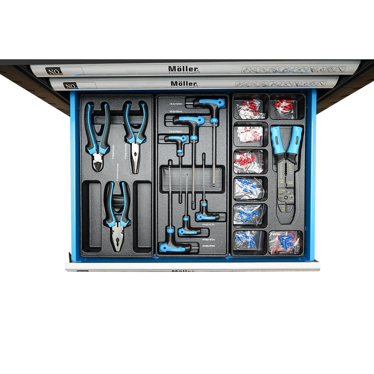 Metal tool cart cabinet with 7 drawers equipped with 496 pieces.