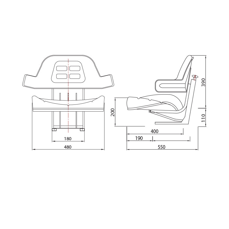 Black tractor seat with triple adjustment and shock absorber for UTB U-445 and U-650