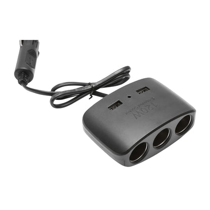 Triple car cigarette lighter adapter 12/24V black and 2x USB port 5V/1000mA