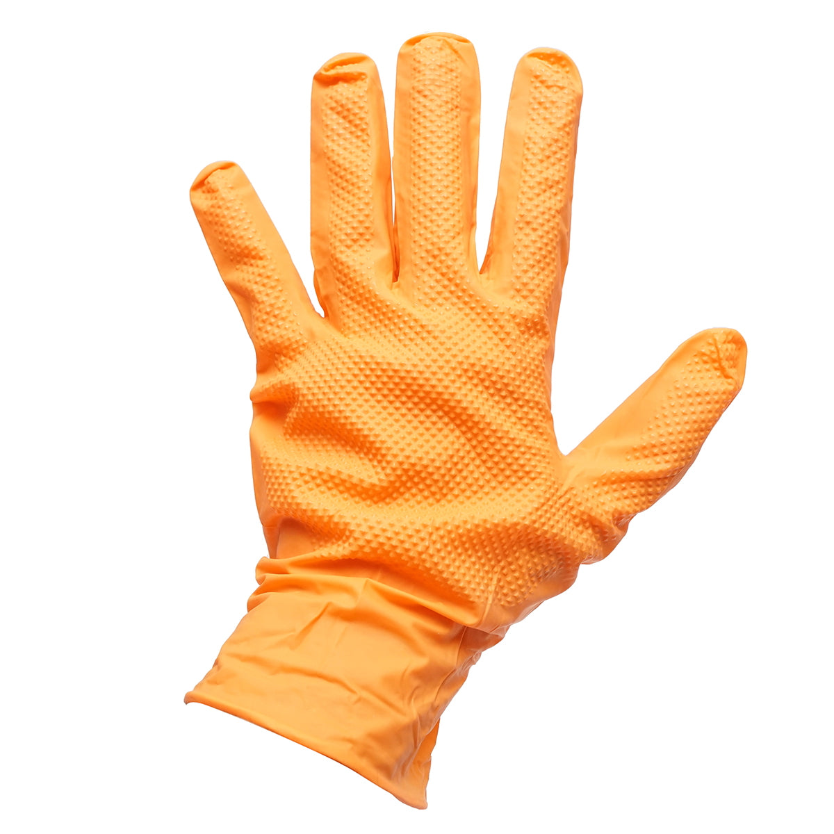 Unpowdered orange nitrile gloves with diamond grip texture, size L, 50 pieces/box