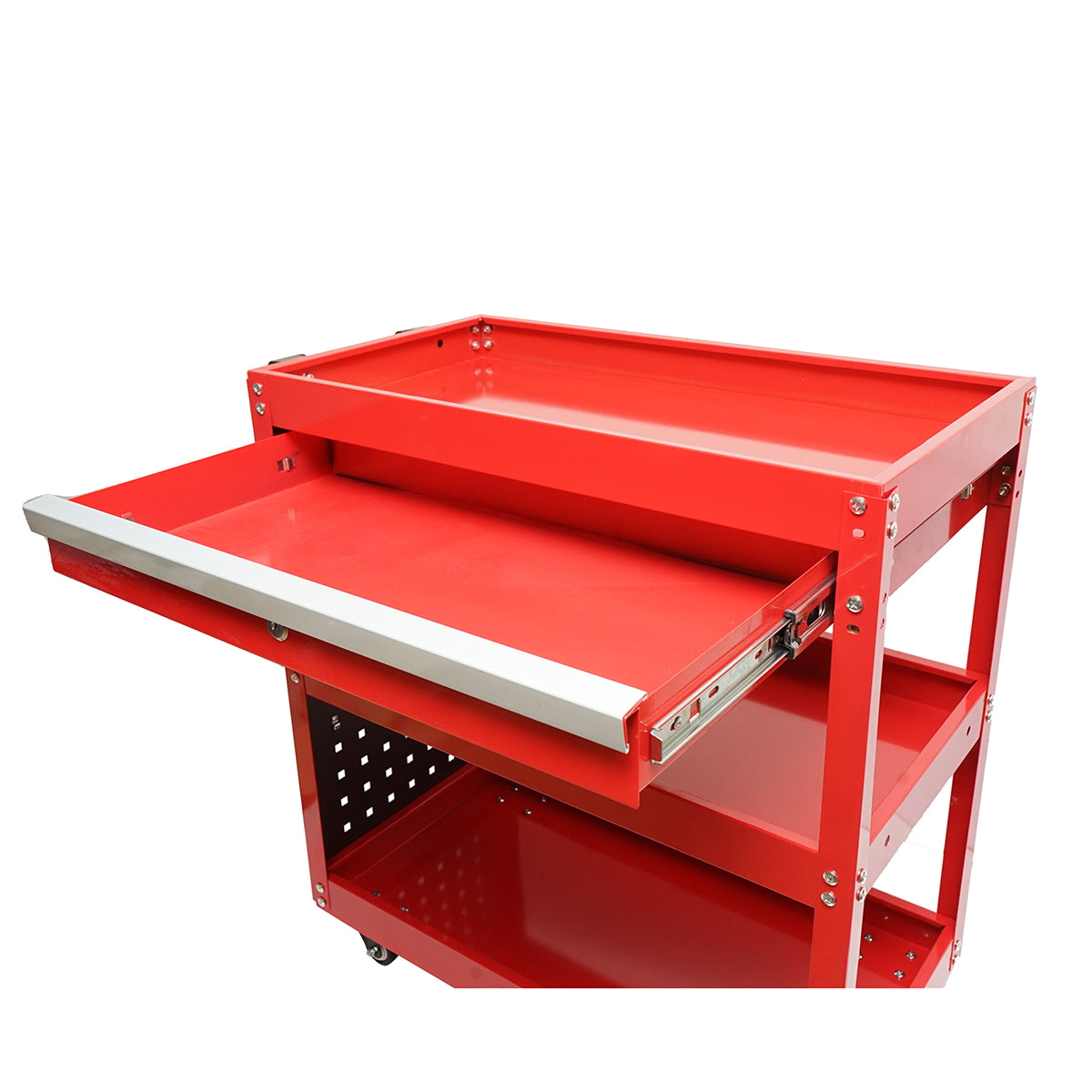 Metal trolley on wheels with 3 shelves, supports, and drawer for tools 660x360x730mm