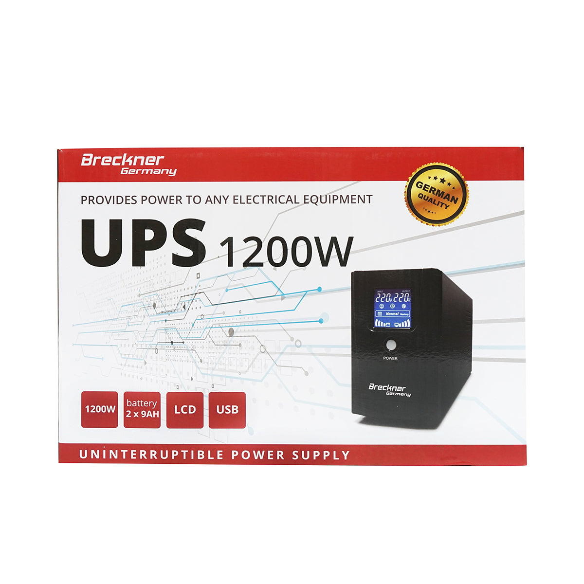 UPS 2000VA/1200W with 2x9Ah batteries and 2 shuko sockets, LCD, USB, AVR Breckner Germany