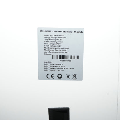 Li-ion LifePo4 Battery 51.2V, 300Ah with BMS, deep cycle, LCD display 786x390x260mm IP54 Bourget