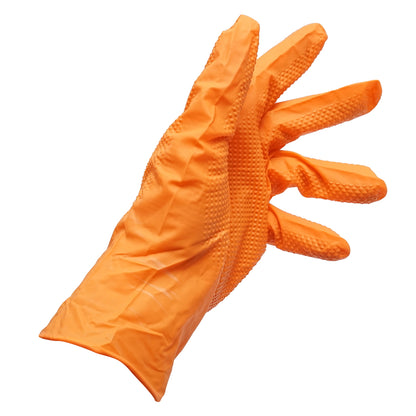 Unpowdered orange nitrile gloves with diamond grip texture, size XL, 50 pieces/box