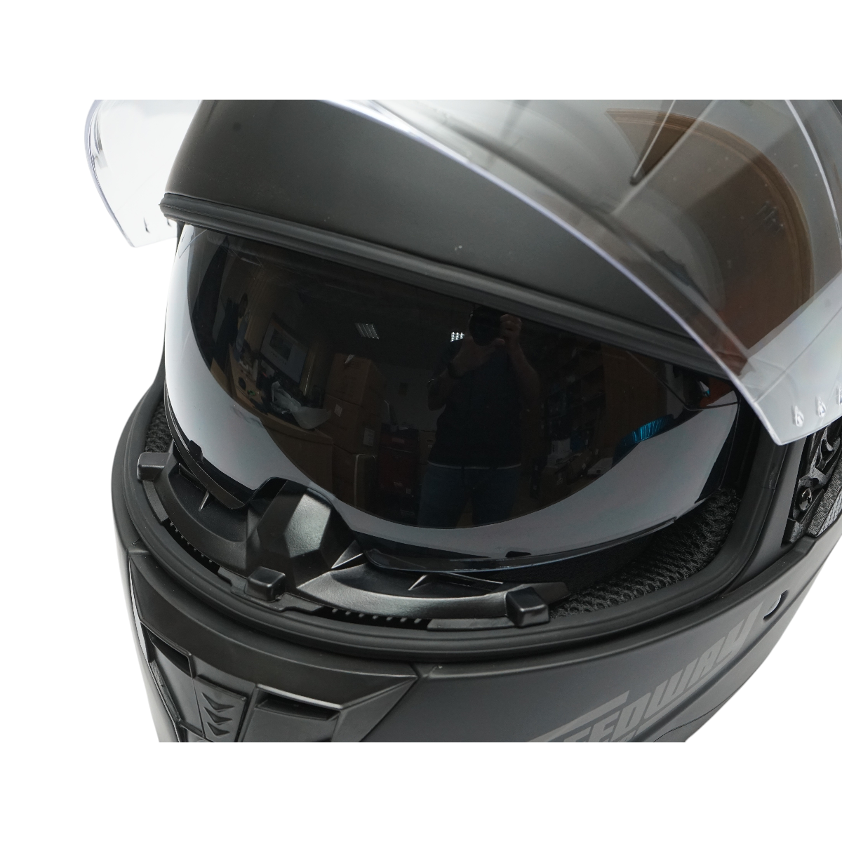 Matte black full face motorcycle helmet with a clear visor and sunglasses, size L Arcane II