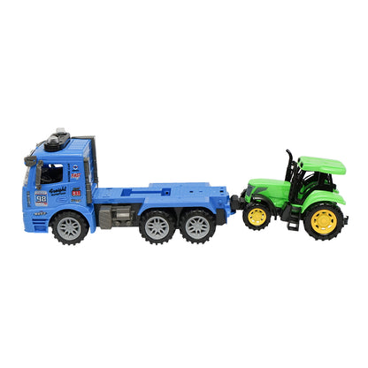 Blue trailer truck with authentic details on batteries together with a green toy tractor