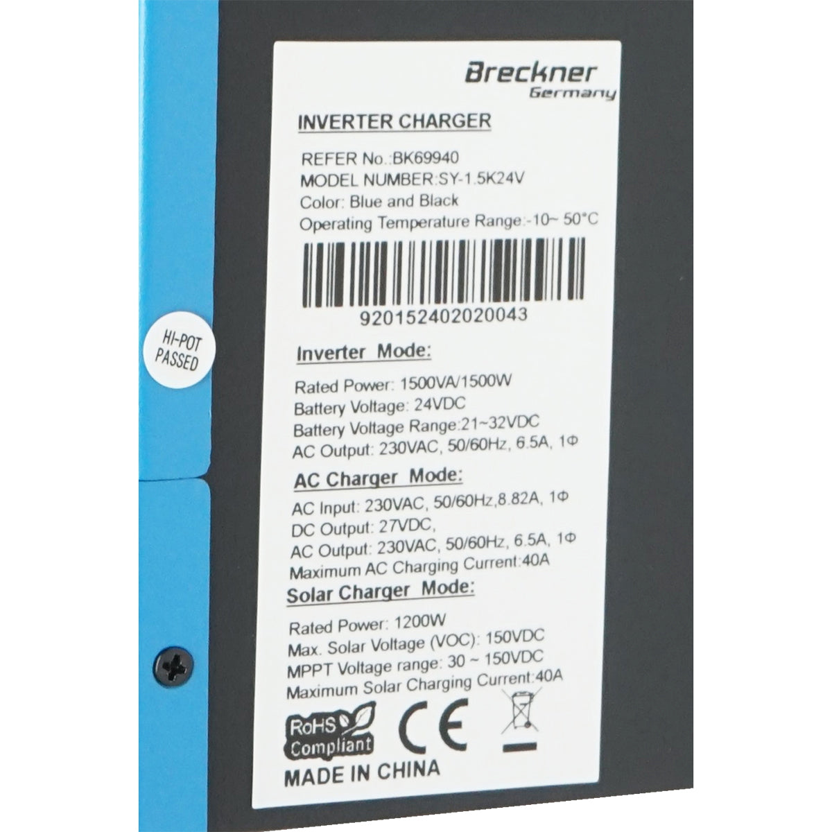 Hybrid solar inverter 1.5 KW, 24V, 40A, MPPT, single-phase, OFF-GRID, SY-1.5K24V Breckner Germany