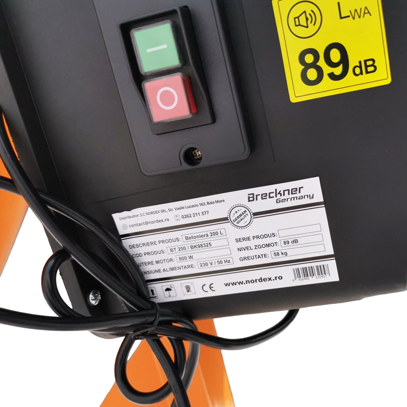 Concrete mixer 800W, drum volume 200L, gear and crown made of cast iron, 58Kg Breckner Germany