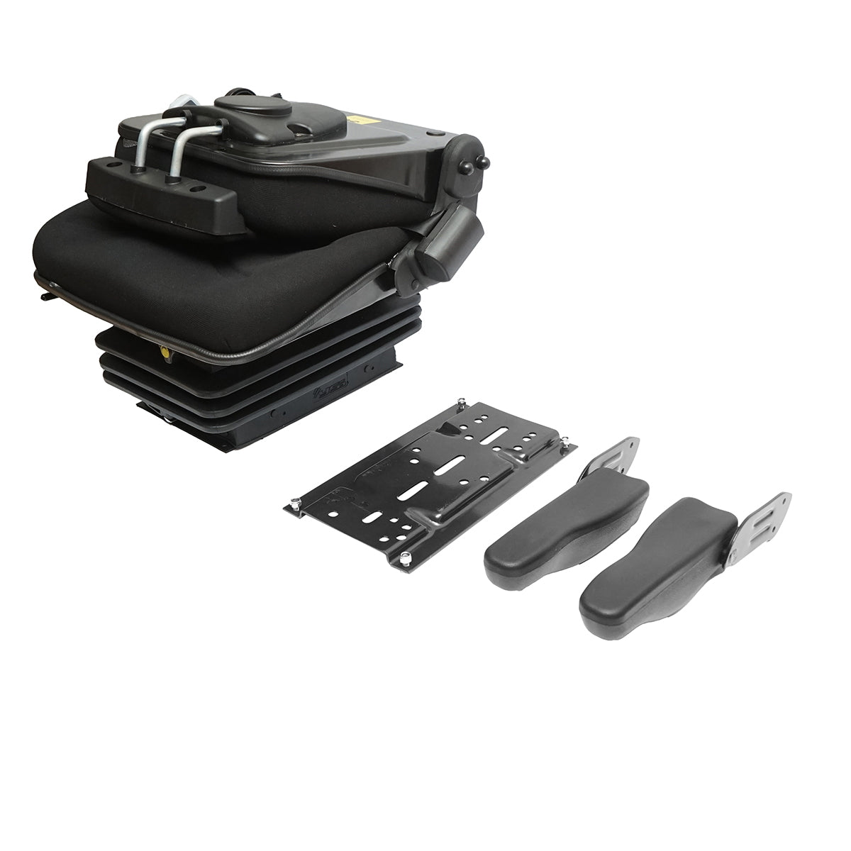 Black adjustable tractor seat with armrest, headrest, seatbelt, and mechanical suspension, seat width 455mm
