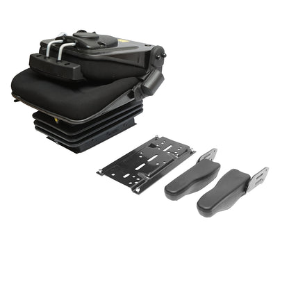 Black adjustable tractor seat with armrest, headrest, seatbelt, and mechanical suspension, seat width 455mm