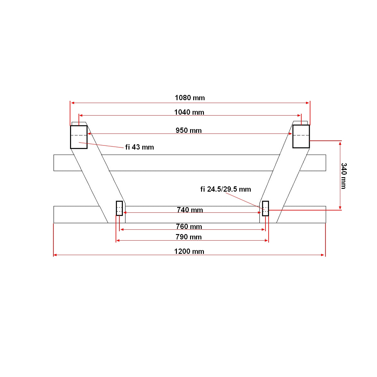 Set of forked tines for pallets 120x40x1200mm complete with frame 2.5T