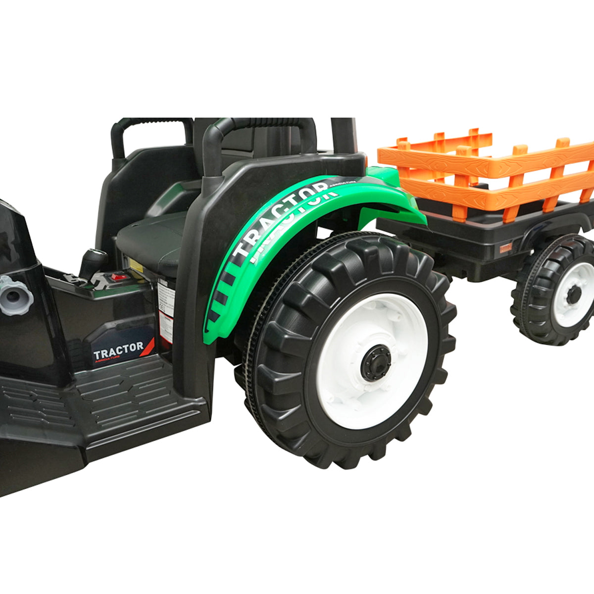 Electric trailer tractor for kids with a 12V/10Ah battery and remote control JS3158B green with a leather seat.