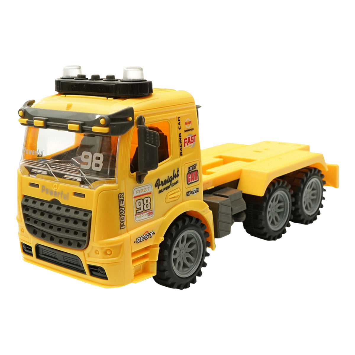 Yellow truck with authentic battery-powered trailer details together with a green toy tractor