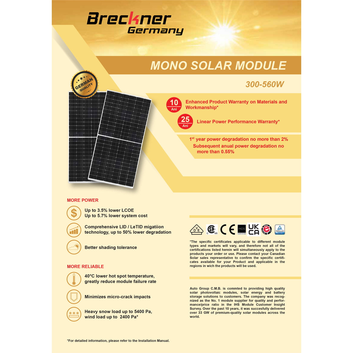 410W solar panel, monocrystalline photovoltaic, 37V, cable and MC4 connector, 1722x1134x35mm, Breckner Germany