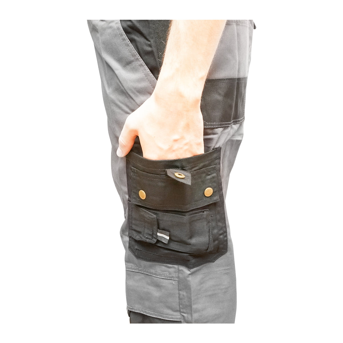 Work pants with bib, polyester with cotton overalls, gray with black, L Breckner Germany