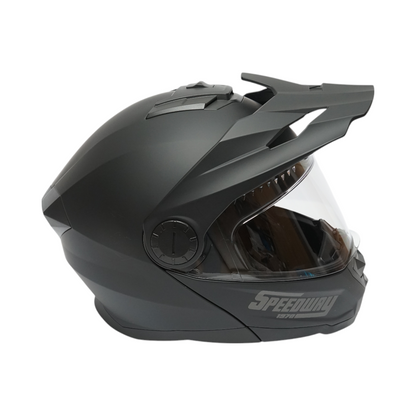 Matte black full-face motocross helmet with a clear visor and sunglasses, size L Lion
