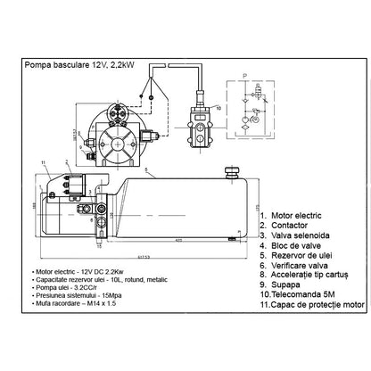 12V hydraulic pump, 2.2kW 150 bar, with 10L metal reservoir and remote control