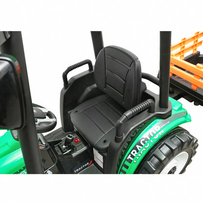 Electric trailer tractor for kids with a 12V/10Ah battery and remote control JS3158B green with a leather seat.