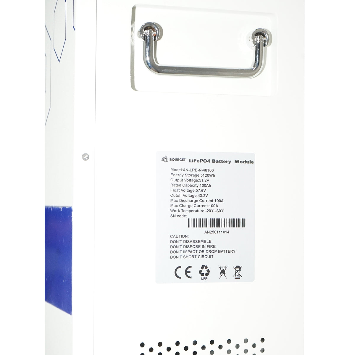 Li-ion LifePo4 Battery 51.2V, 100Ah with BMS, deep cycle, LCD display 570x410x160mm IP54 Bourget