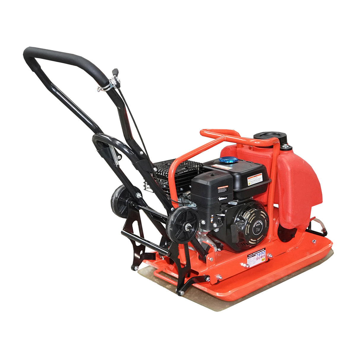 C100-A plate compactor with a working surface of 690x460mm, standard euro 5 engine, 196CC/6.5HP, 5400 RPM, 106Kg with Breckner Germany water tank.