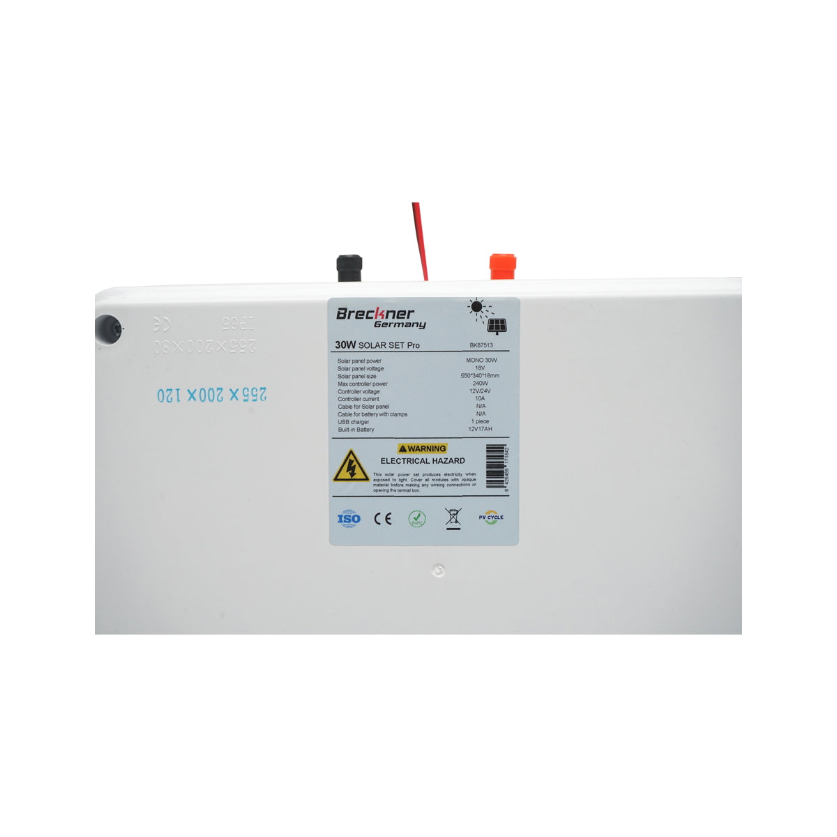 30W solar panel 560x350x135mm with 12V/17Ah battery, 12-24V/10Ah regulator and 2x USB port Breckner Germany