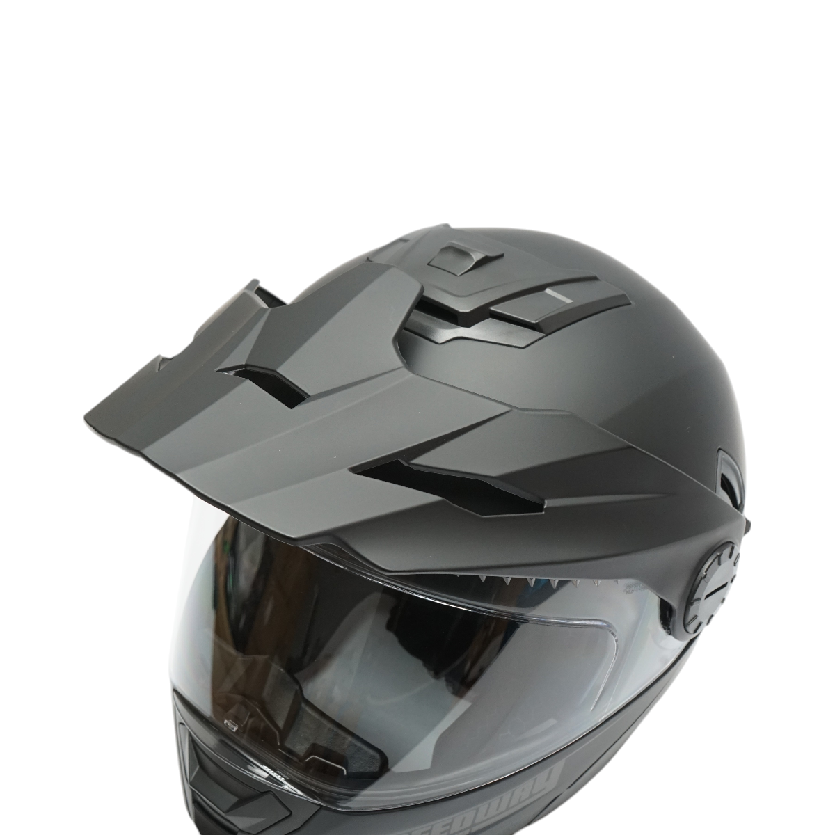Matte black full-face motocross helmet with a clear visor and sunglasses, size XL Lion