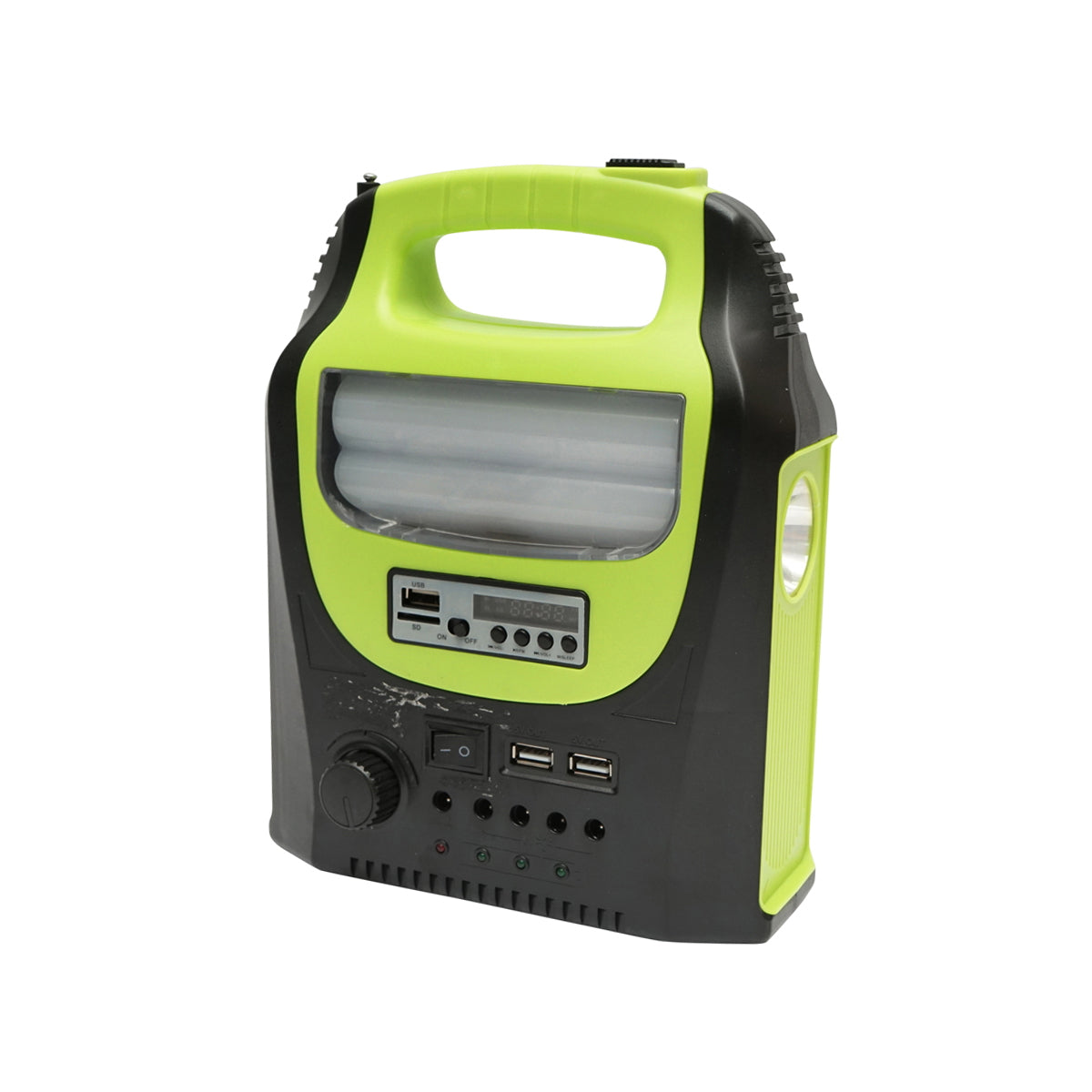 Portable LED lighting kit with 3 bulbs/projector, FM radio, solar panel, and 6V, 4.5Ah battery for fishing camping GD-8071