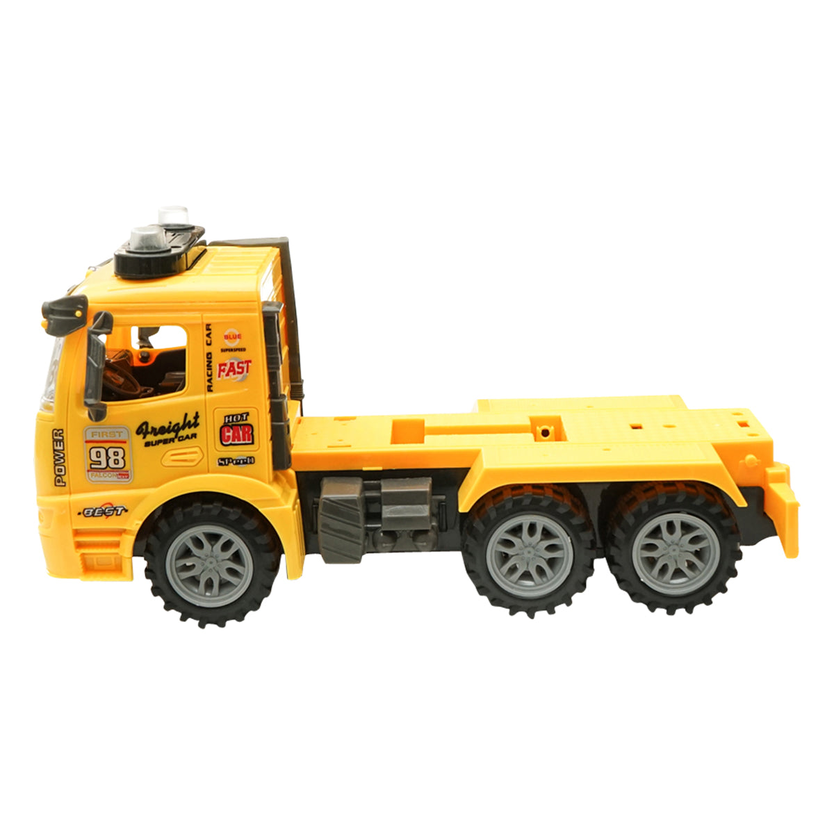 Yellow truck with authentic battery-powered trailer details together with a green toy tractor