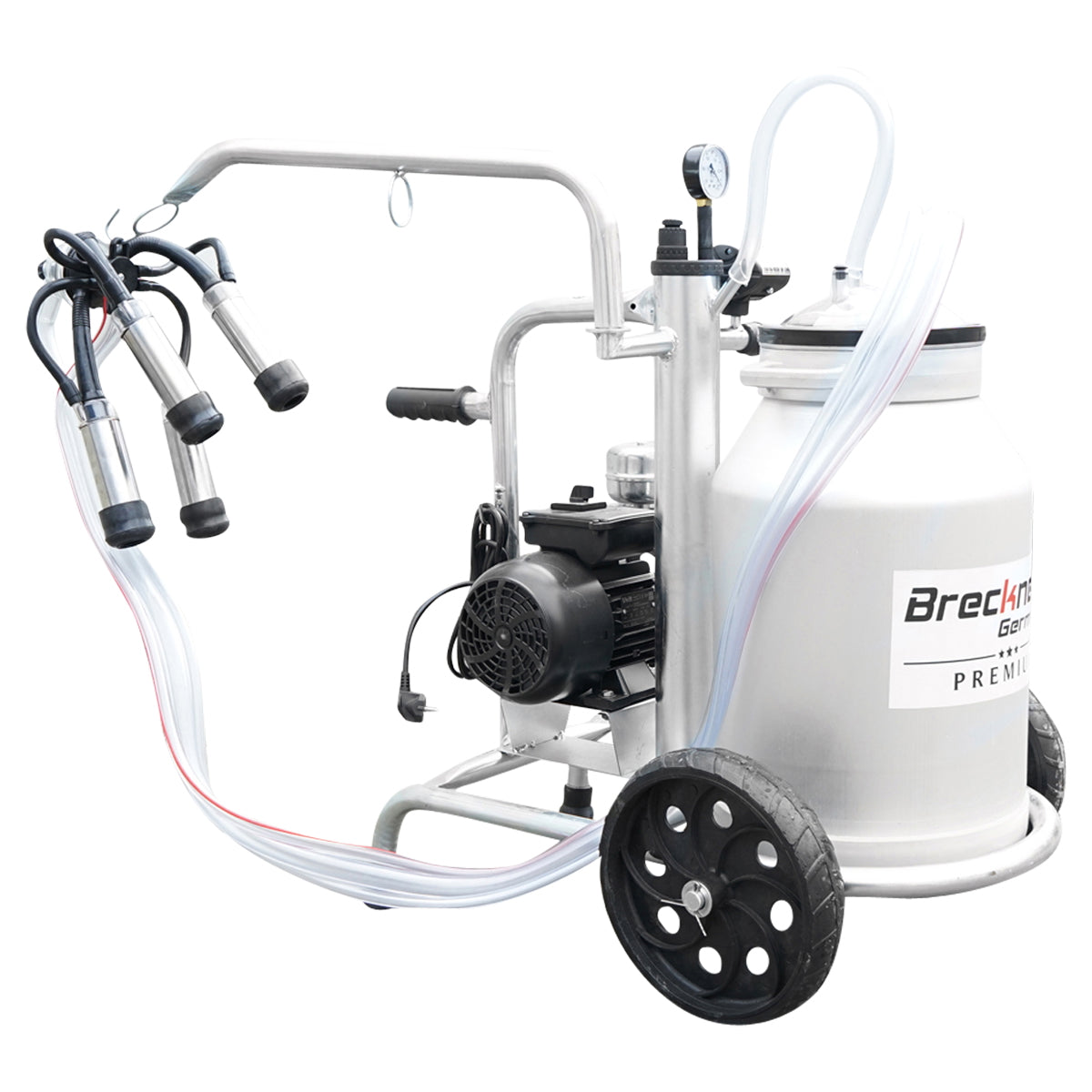 Cow milking machine with a 160cc collector group, galvanized chassis, 30L aluminum tank, 1 station, Breckner Germany stainless steel cup
