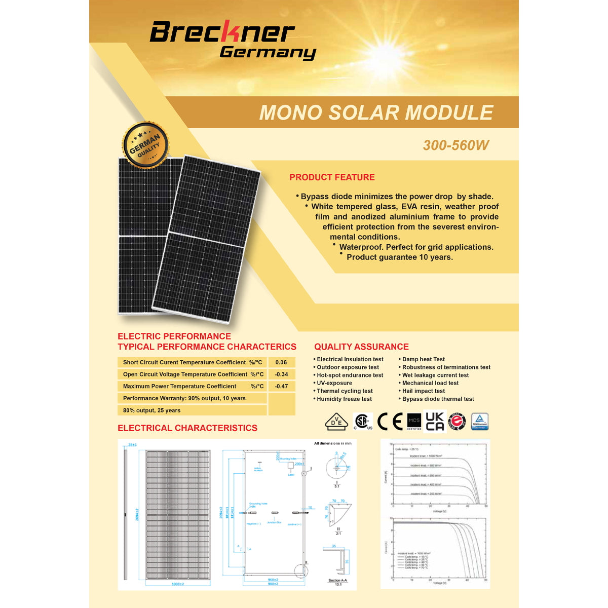 410W solar panel, monocrystalline photovoltaic, 37V, cable and MC4 connector, 1722x1134x35mm, Breckner Germany
