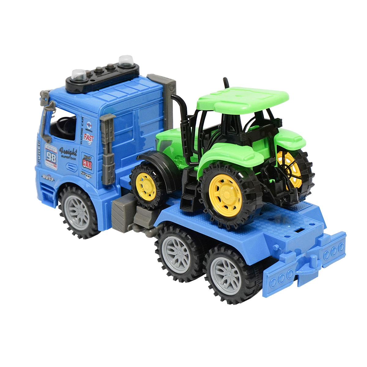 Blue trailer truck with authentic details on batteries together with a green toy tractor