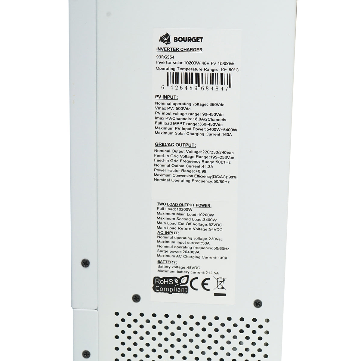 Hybrid solar inverter 10.2 KW, 48V, 160A MPPT, single-phase, ON/OFF-GRID, EVO-10200 Bourget